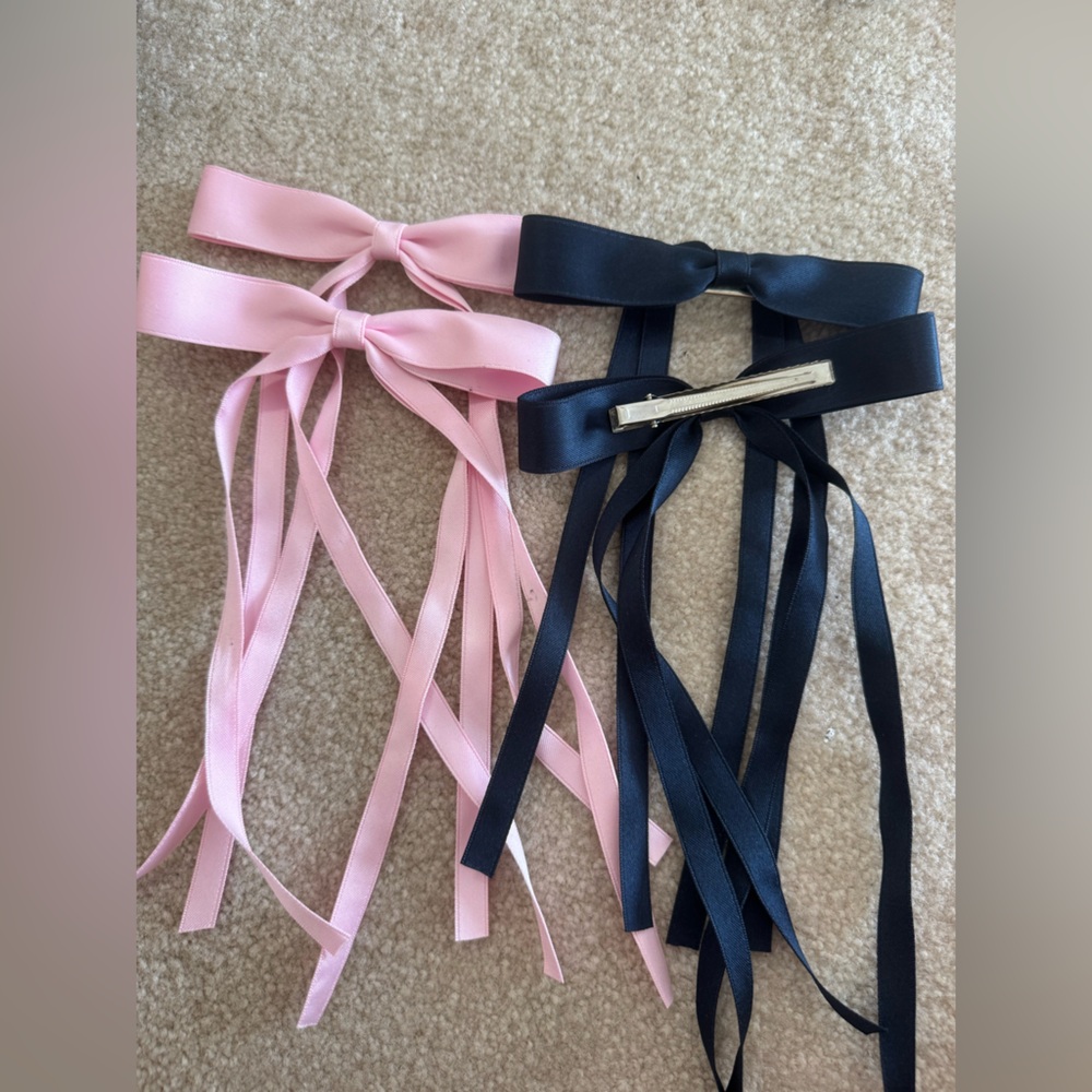 Pink and Black Ribbon Bow Hair Clips